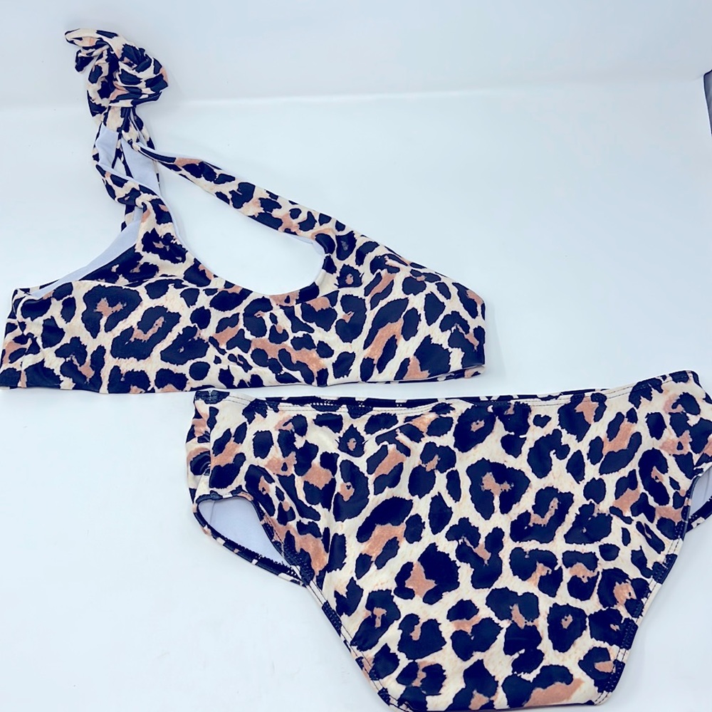 SHEIN Tan Black Leopard One Shouldered High Waisted Bikini Swim Set Size Small